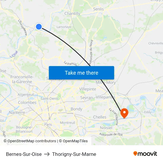 Bernes-Sur-Oise to Thorigny-Sur-Marne map