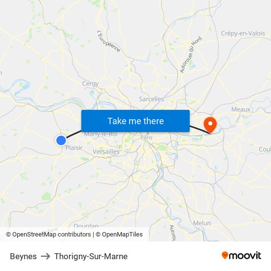 Beynes to Thorigny-Sur-Marne map