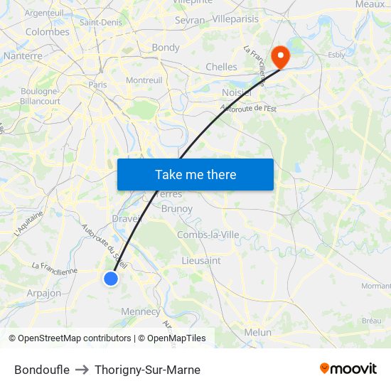 Bondoufle to Thorigny-Sur-Marne map