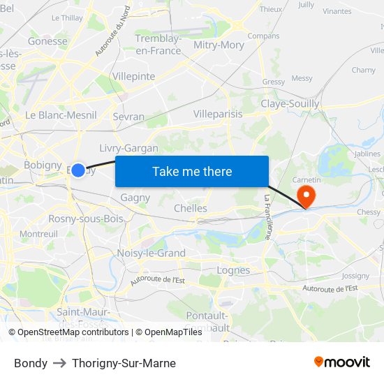 Bondy to Thorigny-Sur-Marne map