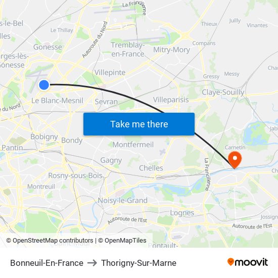 Bonneuil-En-France to Thorigny-Sur-Marne map