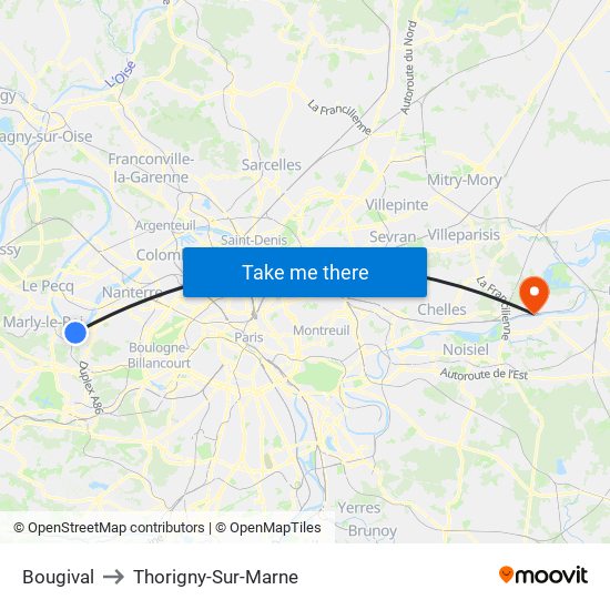 Bougival to Thorigny-Sur-Marne map