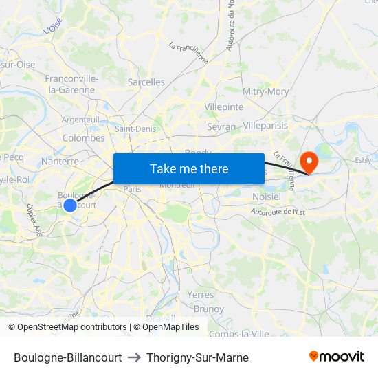 Boulogne-Billancourt to Thorigny-Sur-Marne map
