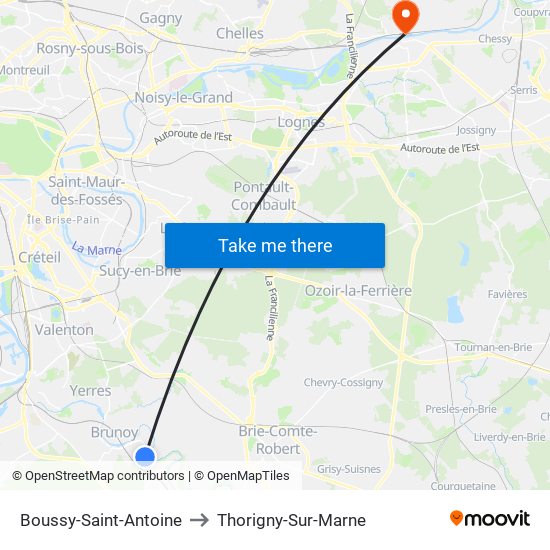 Boussy-Saint-Antoine to Thorigny-Sur-Marne map