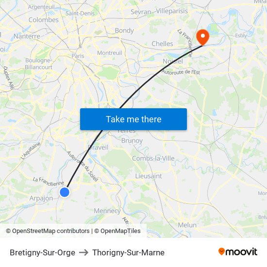 Bretigny-Sur-Orge to Thorigny-Sur-Marne map