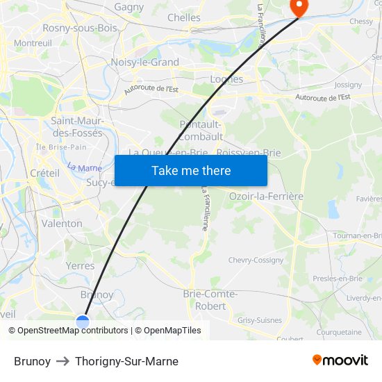 Brunoy to Thorigny-Sur-Marne map