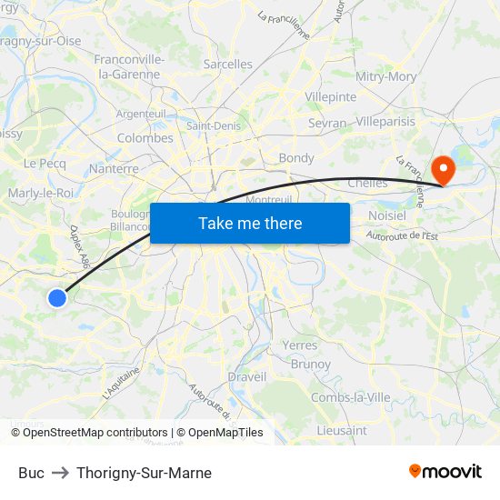 Buc to Thorigny-Sur-Marne map