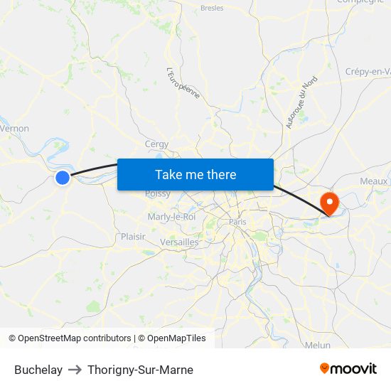Buchelay to Thorigny-Sur-Marne map