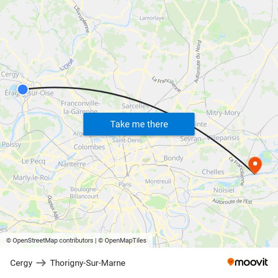 Cergy to Thorigny-Sur-Marne map