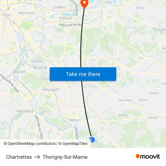 Chartrettes to Thorigny-Sur-Marne map