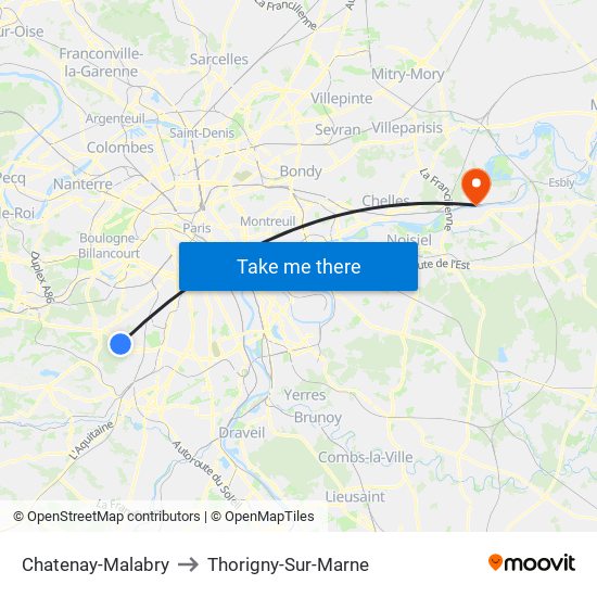 Chatenay-Malabry to Thorigny-Sur-Marne map
