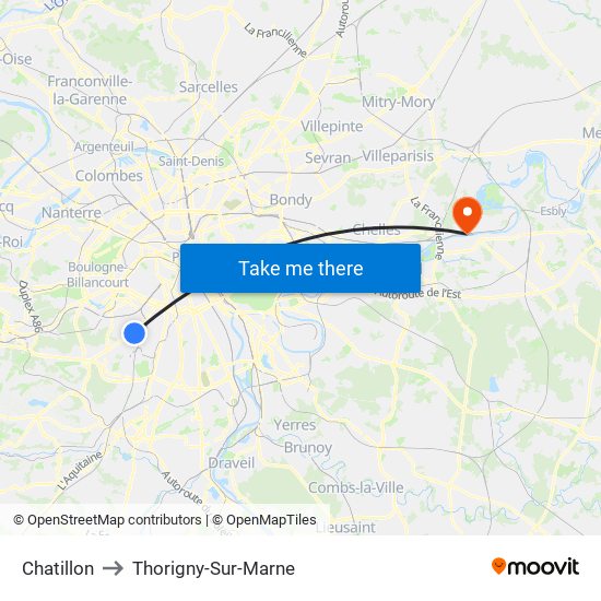 Chatillon to Thorigny-Sur-Marne map