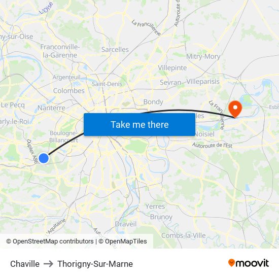Chaville to Thorigny-Sur-Marne map