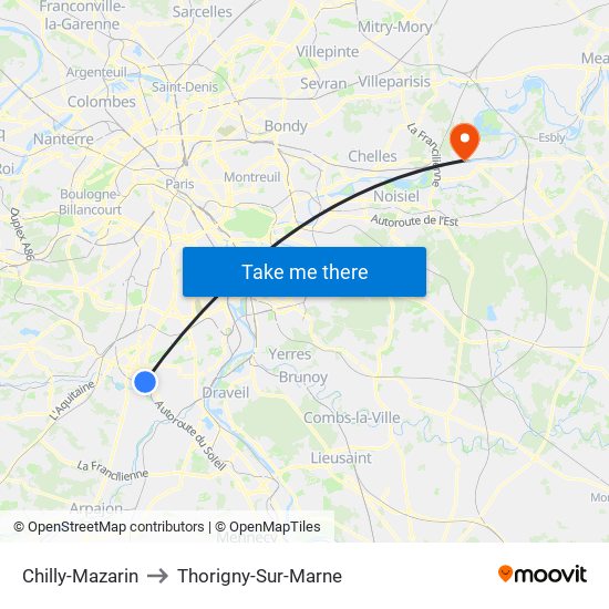 Chilly-Mazarin to Thorigny-Sur-Marne map