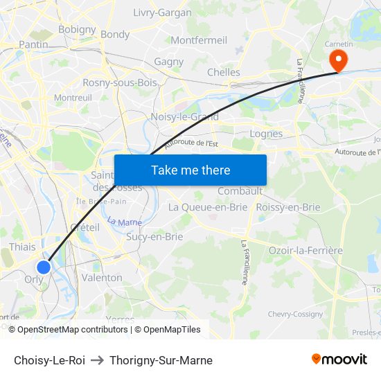 Choisy-Le-Roi to Thorigny-Sur-Marne map