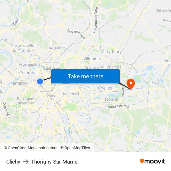 Clichy to Thorigny-Sur-Marne map