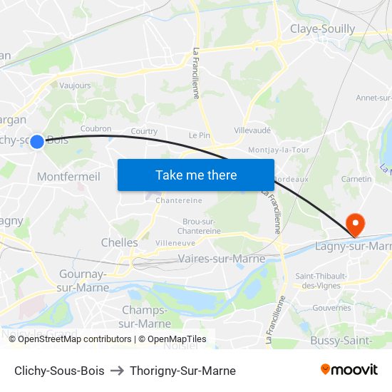 Clichy-Sous-Bois to Thorigny-Sur-Marne map