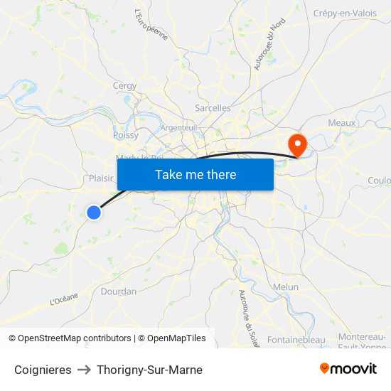 Coignieres to Thorigny-Sur-Marne map