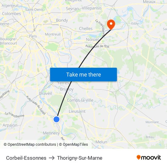 Corbeil-Essonnes to Thorigny-Sur-Marne map