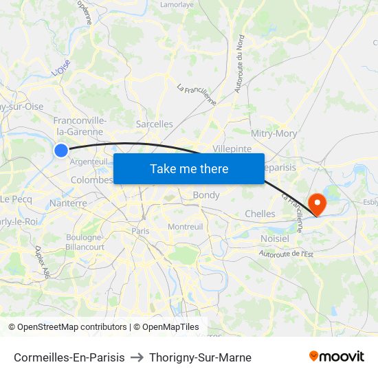 Cormeilles-En-Parisis to Thorigny-Sur-Marne map