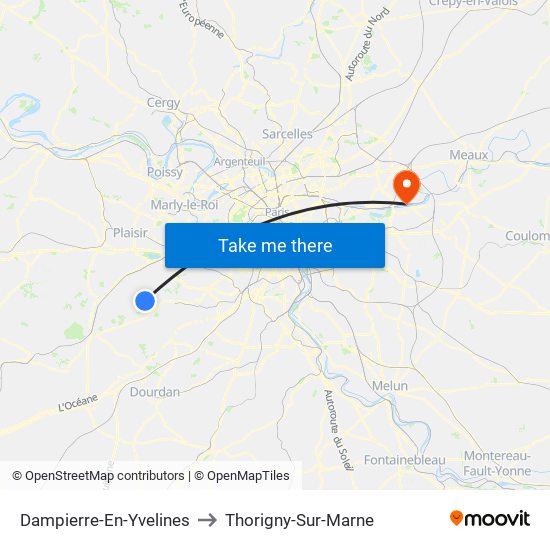 Dampierre-En-Yvelines to Thorigny-Sur-Marne map