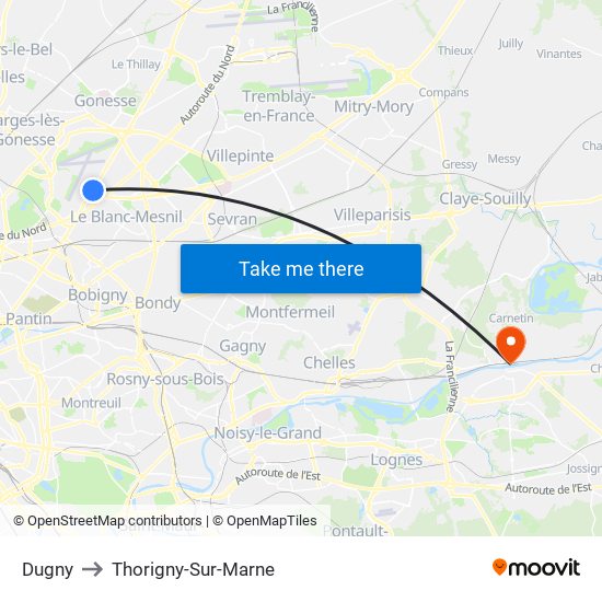 Dugny to Thorigny-Sur-Marne map