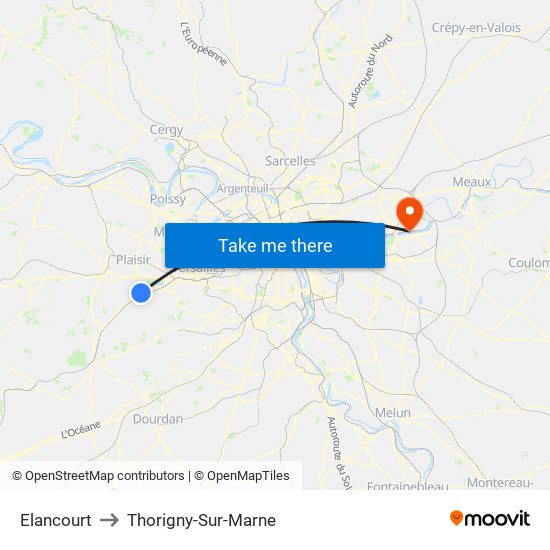Elancourt to Thorigny-Sur-Marne map