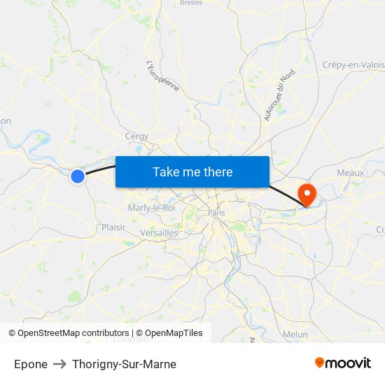 Epone to Thorigny-Sur-Marne map