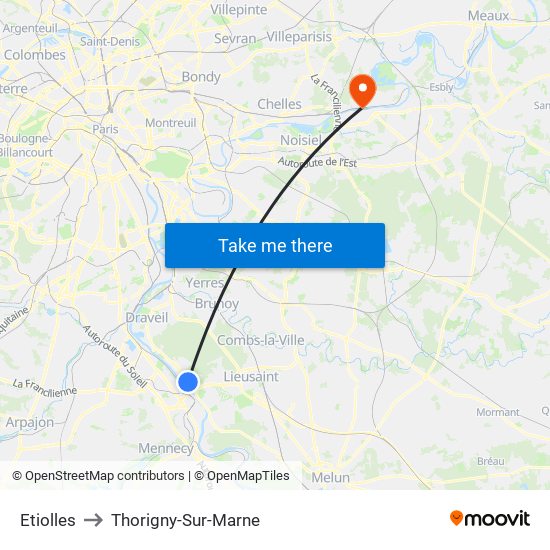 Etiolles to Thorigny-Sur-Marne map