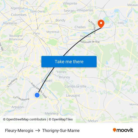Fleury-Merogis to Thorigny-Sur-Marne map