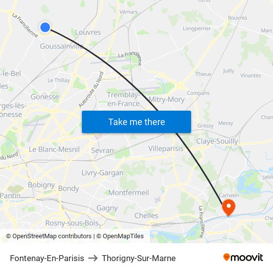 Fontenay-En-Parisis to Thorigny-Sur-Marne map