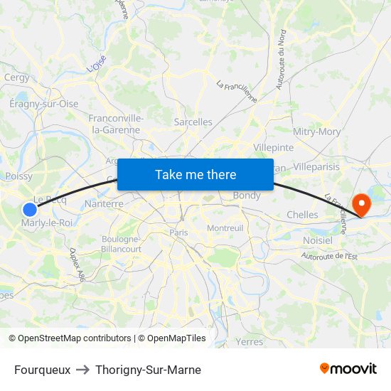 Fourqueux to Thorigny-Sur-Marne map
