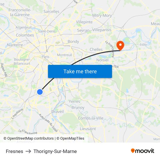 Fresnes to Thorigny-Sur-Marne map