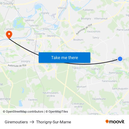 Giremoutiers to Thorigny-Sur-Marne map