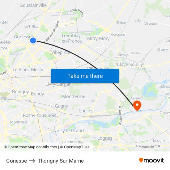 Gonesse to Thorigny-Sur-Marne map