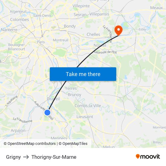 Grigny to Thorigny-Sur-Marne map