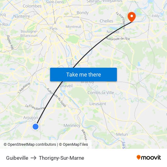 Guibeville to Thorigny-Sur-Marne map