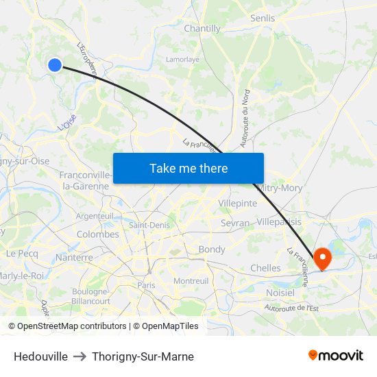 Hedouville to Thorigny-Sur-Marne map