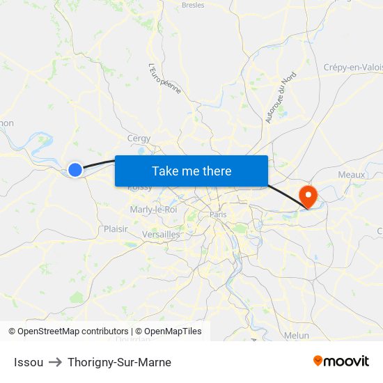 Issou to Thorigny-Sur-Marne map