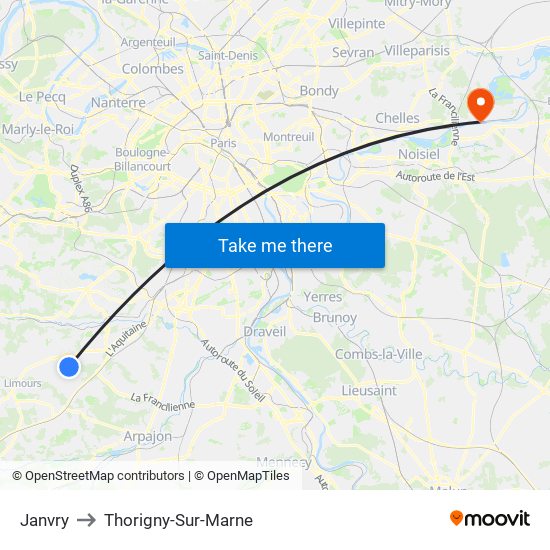Janvry to Thorigny-Sur-Marne map