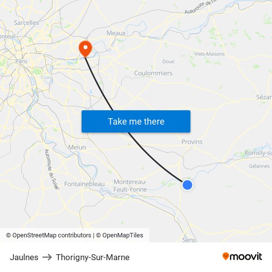 Jaulnes to Thorigny-Sur-Marne map