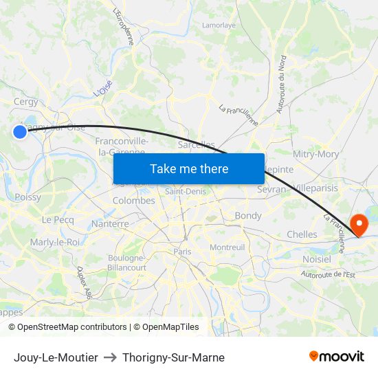 Jouy-Le-Moutier to Thorigny-Sur-Marne map