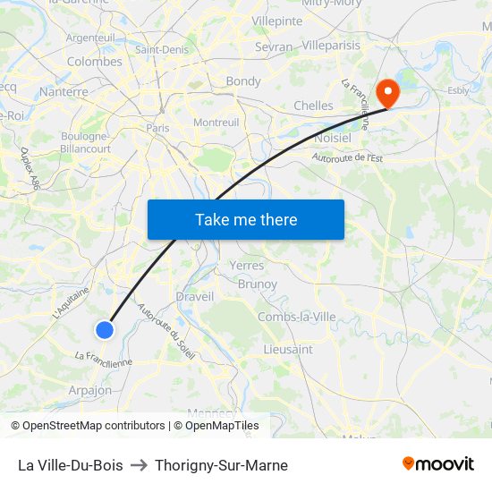 La Ville-Du-Bois to Thorigny-Sur-Marne map