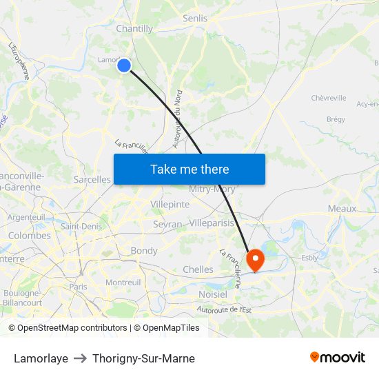Lamorlaye to Thorigny-Sur-Marne map
