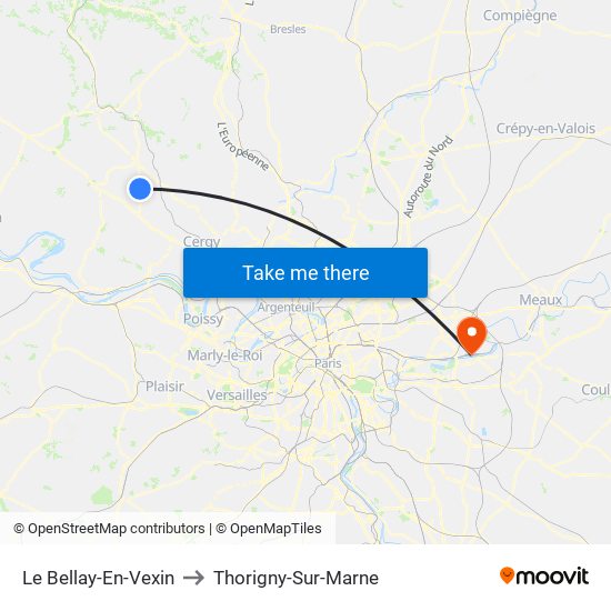 Le Bellay-En-Vexin to Thorigny-Sur-Marne map