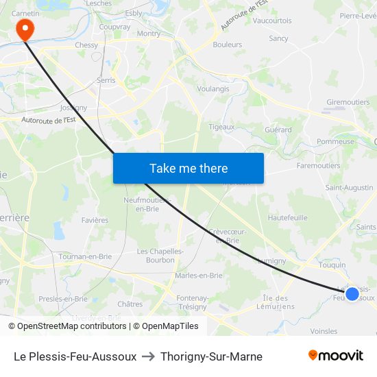 Le Plessis-Feu-Aussoux to Thorigny-Sur-Marne map