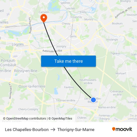 Les Chapelles-Bourbon to Thorigny-Sur-Marne map