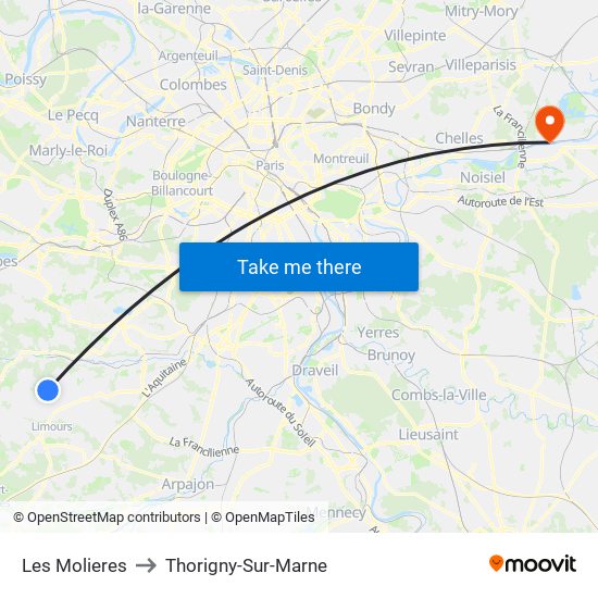 Les Molieres to Thorigny-Sur-Marne map