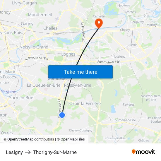 Lesigny to Thorigny-Sur-Marne map