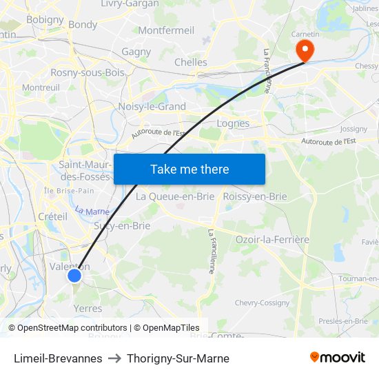 Limeil-Brevannes to Thorigny-Sur-Marne map